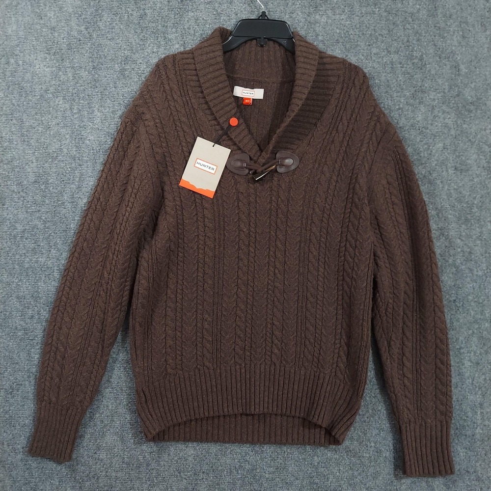 Hunter Sweater Mens Medium Brown Wool Cable‎ Knit Shawl Collar Toggle Pullover